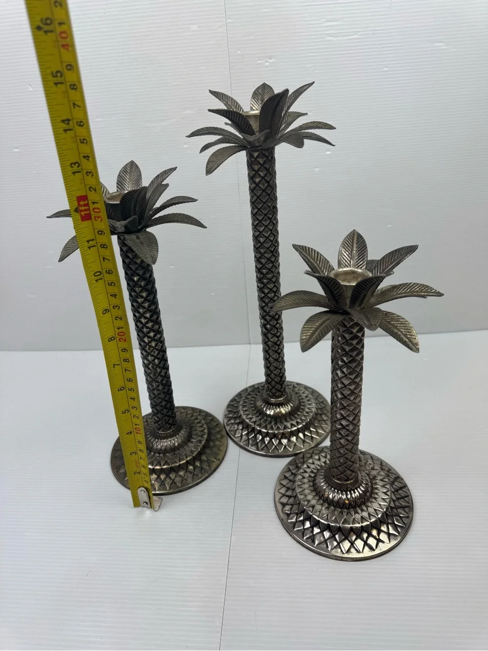 Vintage Silver Palm Tree Candlestick Holders – Tropical Coastal Decor Set